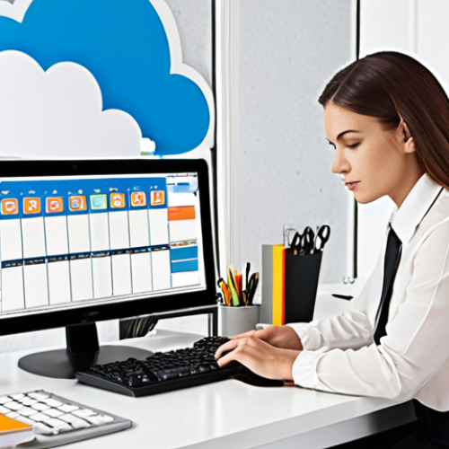 Home 4 **Image:** A modern, well-organized office space with a woman working efficiently on a computer. The scene emphasizes productivity and technology, with cloud service icons subtly in the background and a physical planner/organizer on the desk. The color palette should be bright and professional.
**Prompt:** Modern office, efficient woman, computer work, cloud services, planner, organized desk, bright, professional, focused on productivity.
