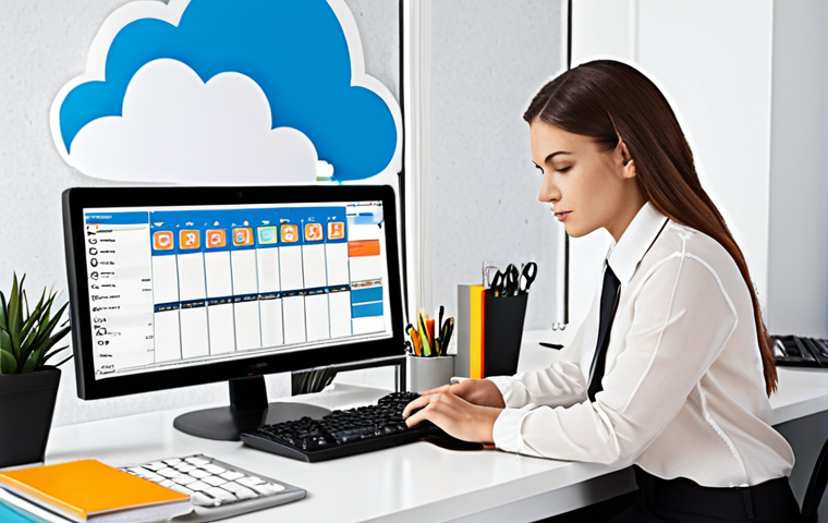 **Image:** A modern, well-organized office space with a woman working efficiently on a computer. The scene emphasizes productivity and technology, with cloud service icons subtly in the background and a physical planner/organizer on the desk. The color palette should be bright and professional.
**Prompt:** Modern office, efficient woman, computer work, cloud services, planner, organized desk, bright, professional, focused on productivity.