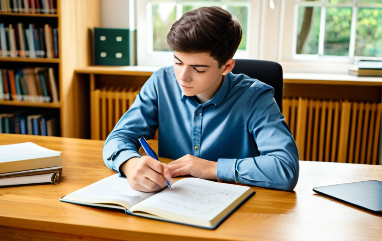 A focused university student, gender-neutral, in a modest long-sleeved shirt and smart trousers, seated at a well-lit wooden desk. The desk is neat, featuring open textbooks, a spiral-bound notebook with detailed handwritten notes, and a tablet displaying a clearly organized mind map. The background is a warm, inviting study room with soft, natural lighting, conveying an atmosphere of deep understanding and structured learning. Professional photography, high detail, natural light, soft focus background, perfect anatomy, correct proportions, natural pose, well-formed hands, proper finger count, natural body proportions, safe for work, appropriate content, fully clothed, modest clothing, professional dress, family-friendly.