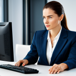 행정관리사 직무 인터뷰 꿀팁 - ** A professional administrator in a modern, well-lit office, working at a computer. She is fully cl...