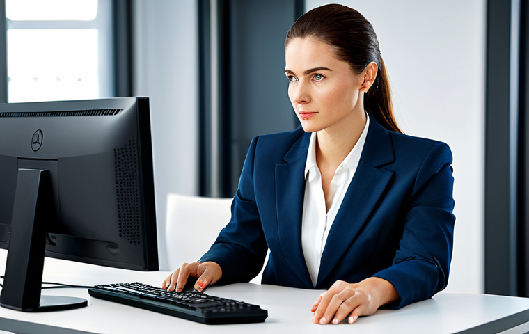 행정관리사 직무 인터뷰 꿀팁 - ** A professional administrator in a modern, well-lit office, working at a computer. She is fully cl...