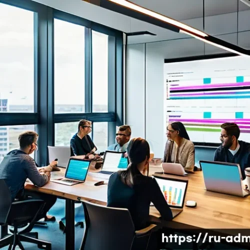 Home 33 행정관리사로서 프로젝트 관리 - A modern office scene showing a diverse project team gathered around a large digital screen displayi...