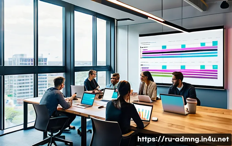행정관리사로서 프로젝트 관리 - A modern office scene showing a diverse project team gathered around a large digital screen displayi...