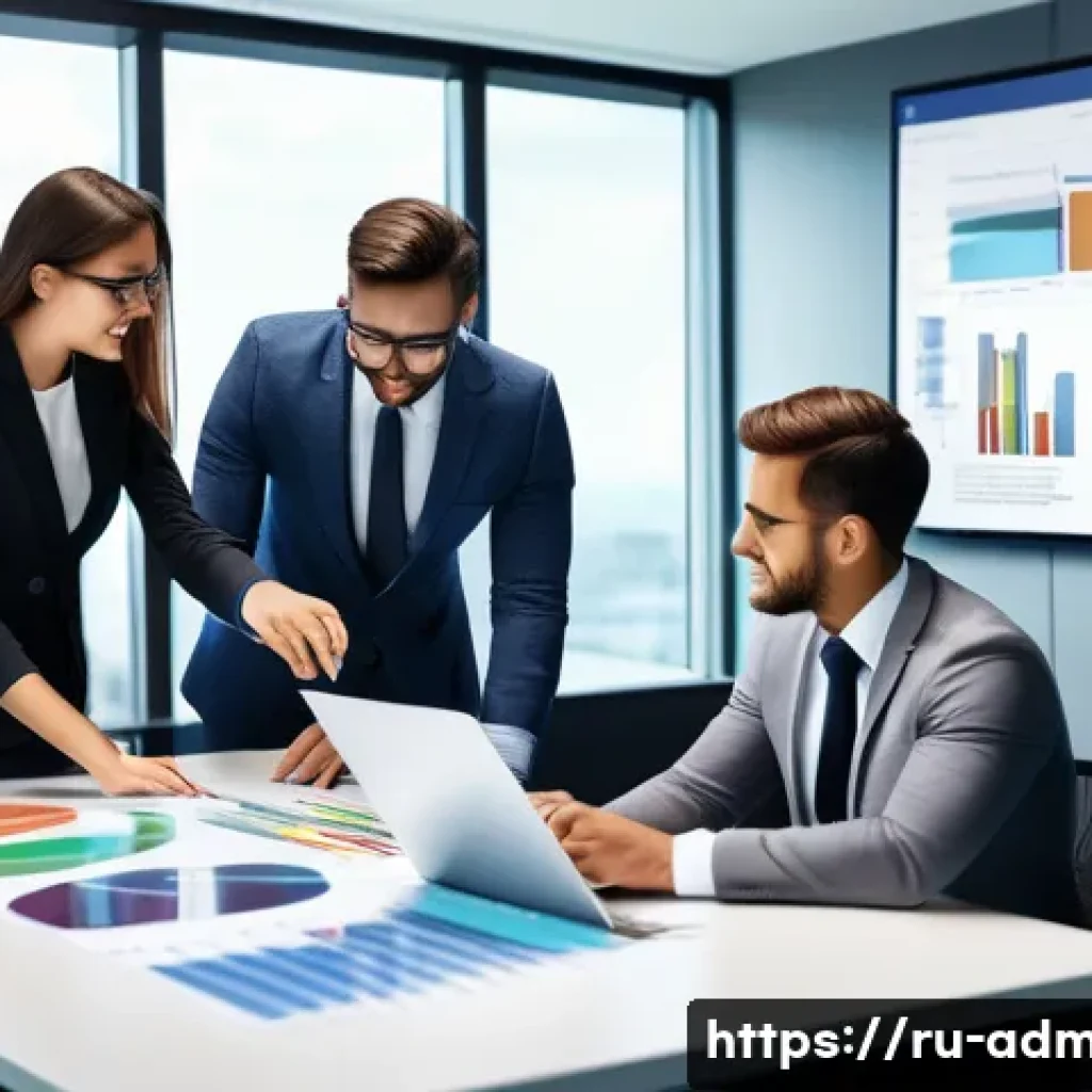 행정관리사와 조직개발 사례 - A modern office scene showing a diverse team of professionals collaborating around a large digital t...