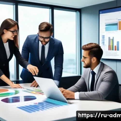 Home 32 행정관리사와 조직개발 사례 - A modern office scene showing a diverse team of professionals collaborating around a large digital t...