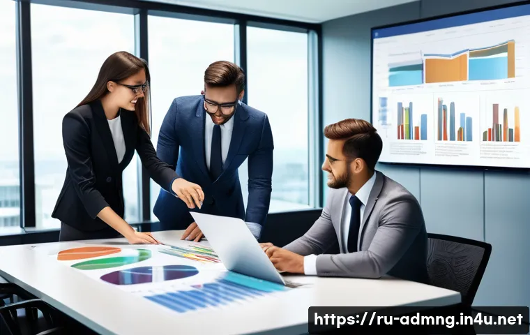 행정관리사와 조직개발 사례 - A modern office scene showing a diverse team of professionals collaborating around a large digital t...