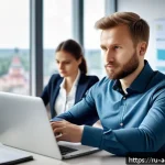 Home 18 행정관리사 직무 전환의 장단점 - A professional Russian administrative manager in a modern office environment, wearing business casua...