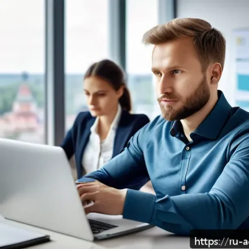 Home 30 행정관리사 직무 전환의 장단점 - A professional Russian administrative manager in a modern office environment, wearing business casua...