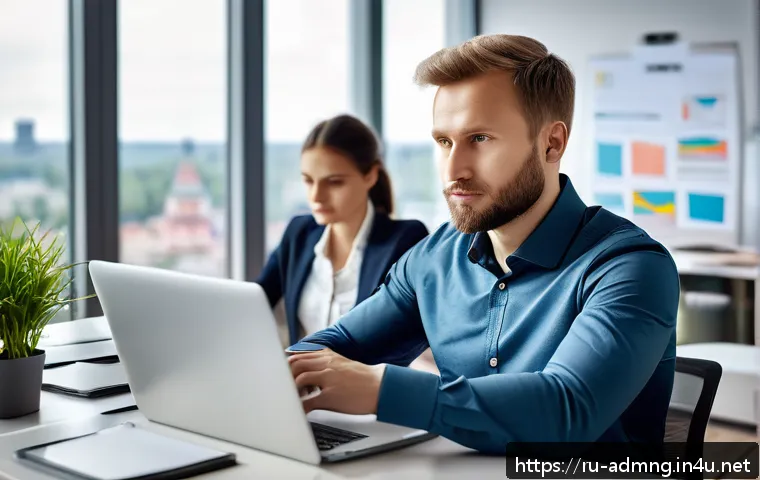 행정관리사 직무 전환의 장단점 - A professional Russian administrative manager in a modern office environment, wearing business casua...